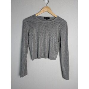 On 12th Sweater Pullover Womens XL Gray Rhinestone Studded Crew Neck Cropped